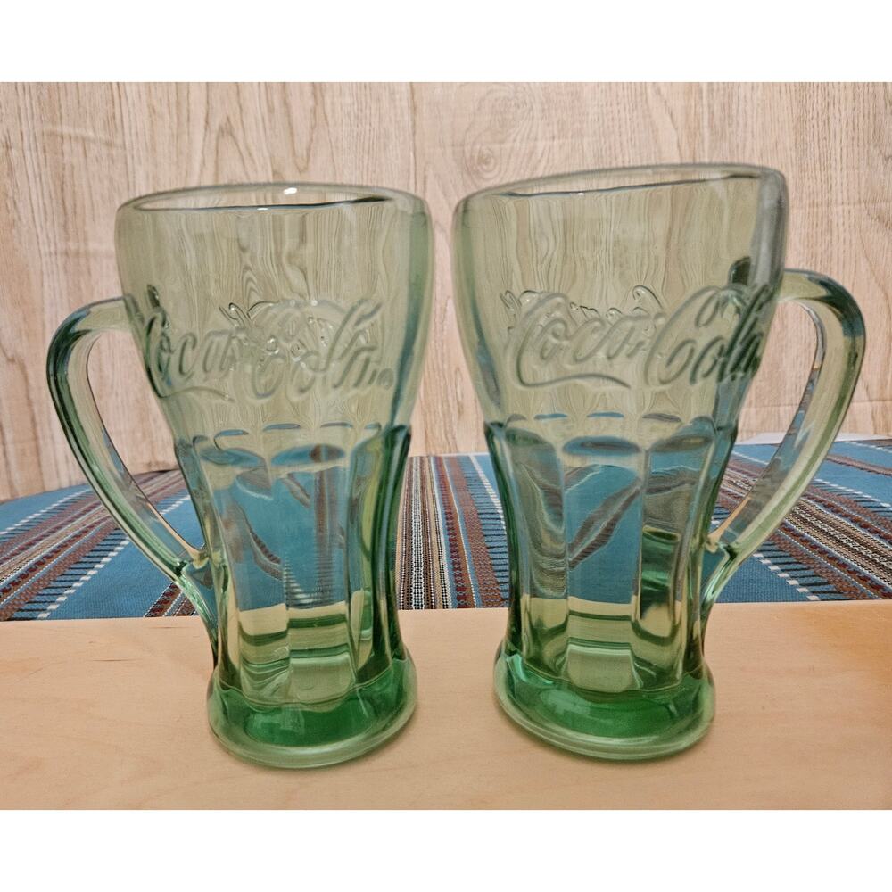 Set Of 2 Vintage Green Coca-Cola Glass Mugs With Handle By Libbey Thick Heavy